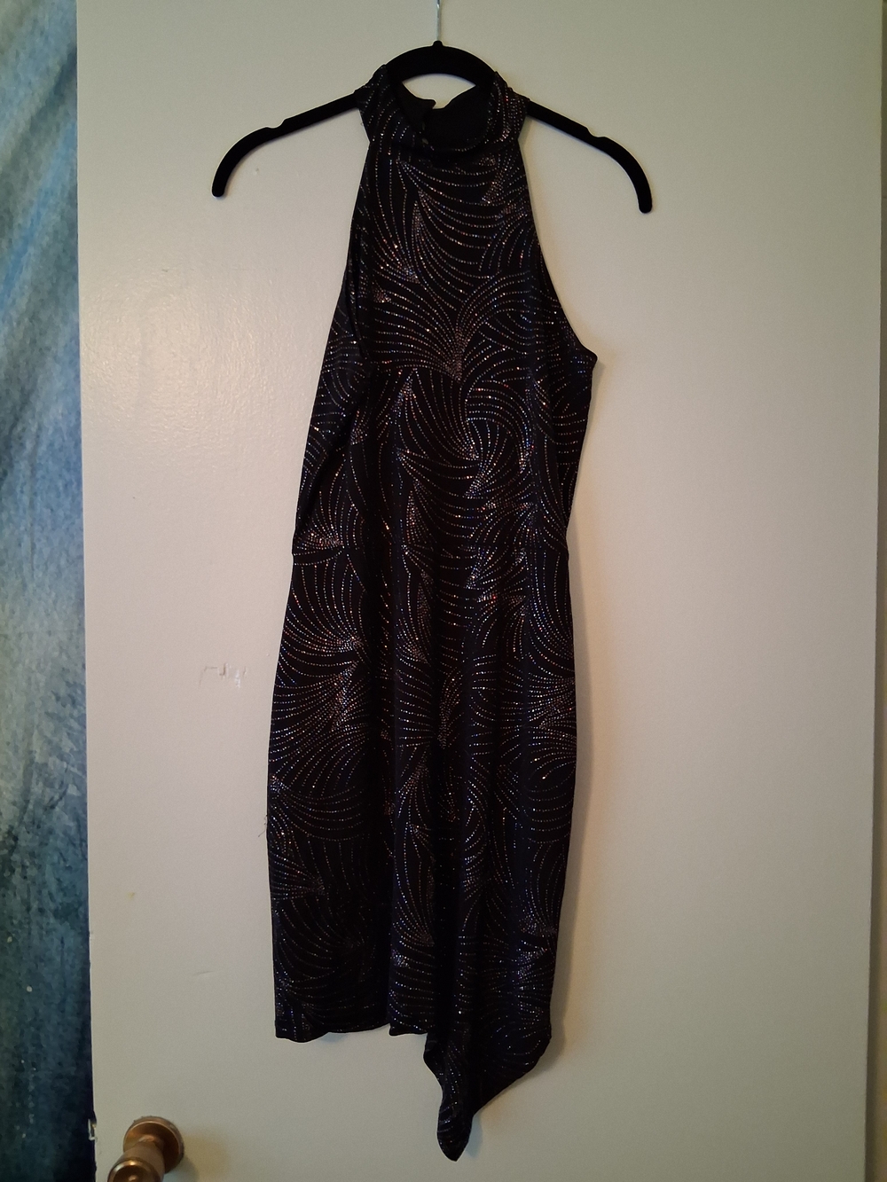 Black Sparkle Halter Dress with Metallic Swirl